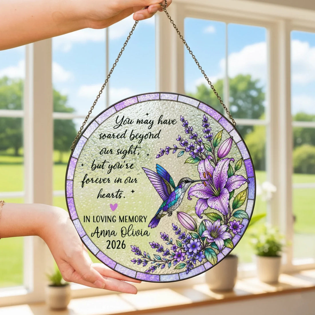 Forever In Our Hearts Carried On Hummingbird Wings Personalized Window Stained Glass Custom Memorial Window Hanging Bereavement Gift Loss Of Loved One Keepsake