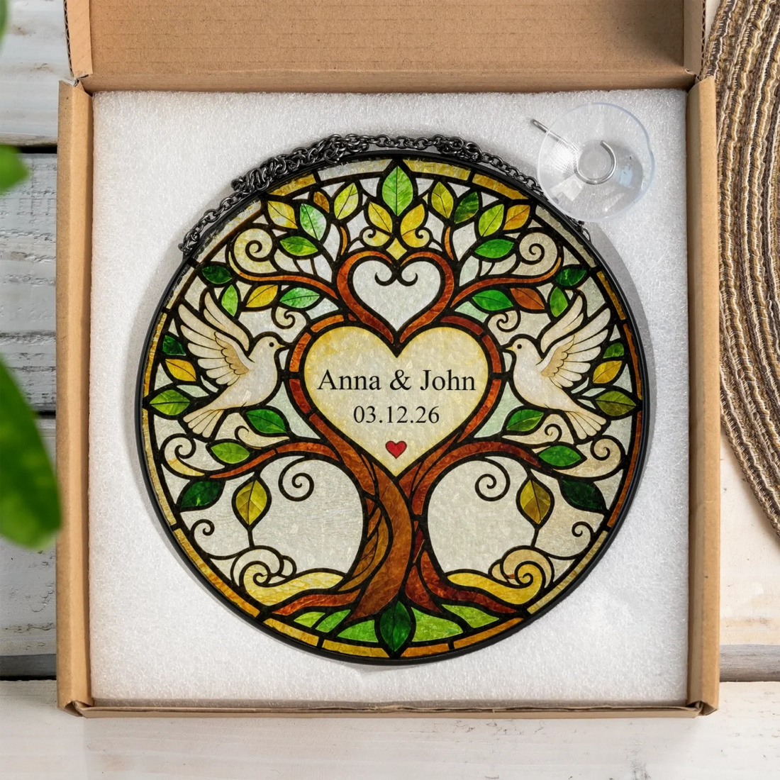 Always Forever Personalized Window Suncatcher Custom Wedding Tree Stained Glass Suncatcher Personalized Family Tree Of Life Hanging Love Birds Wedding Gift For Bride Groom Anniversary