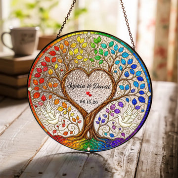 Four Seasons Tree Of Life Personalized Window Suncatcher Wedding Anniversary Gift For Couple Stained Glass Suncatcher Custom Couple Window Hanging Keepsake