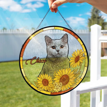 Custom Pet Portrait With Sunflowers Personalized Window Stained Glass Gift For Pet Lovers Custom Pet Photo Gift