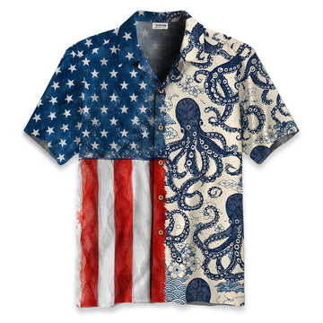 America 250 Blue Ocean Octopus Hawaiian Shirt
