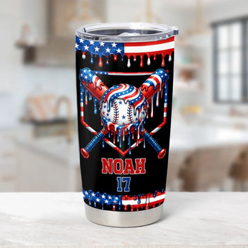 America Us Flag Baseball Personalized Tumbler Baseball Softball Cup Youth Birthday Gift Team Name Number Gift Player Drinkware
