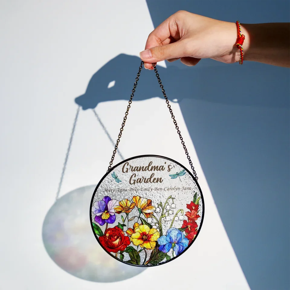 Custom Garden Birth Flowers Personalized Window Stained Glass Suncatcher Hangings Gift For Grandma