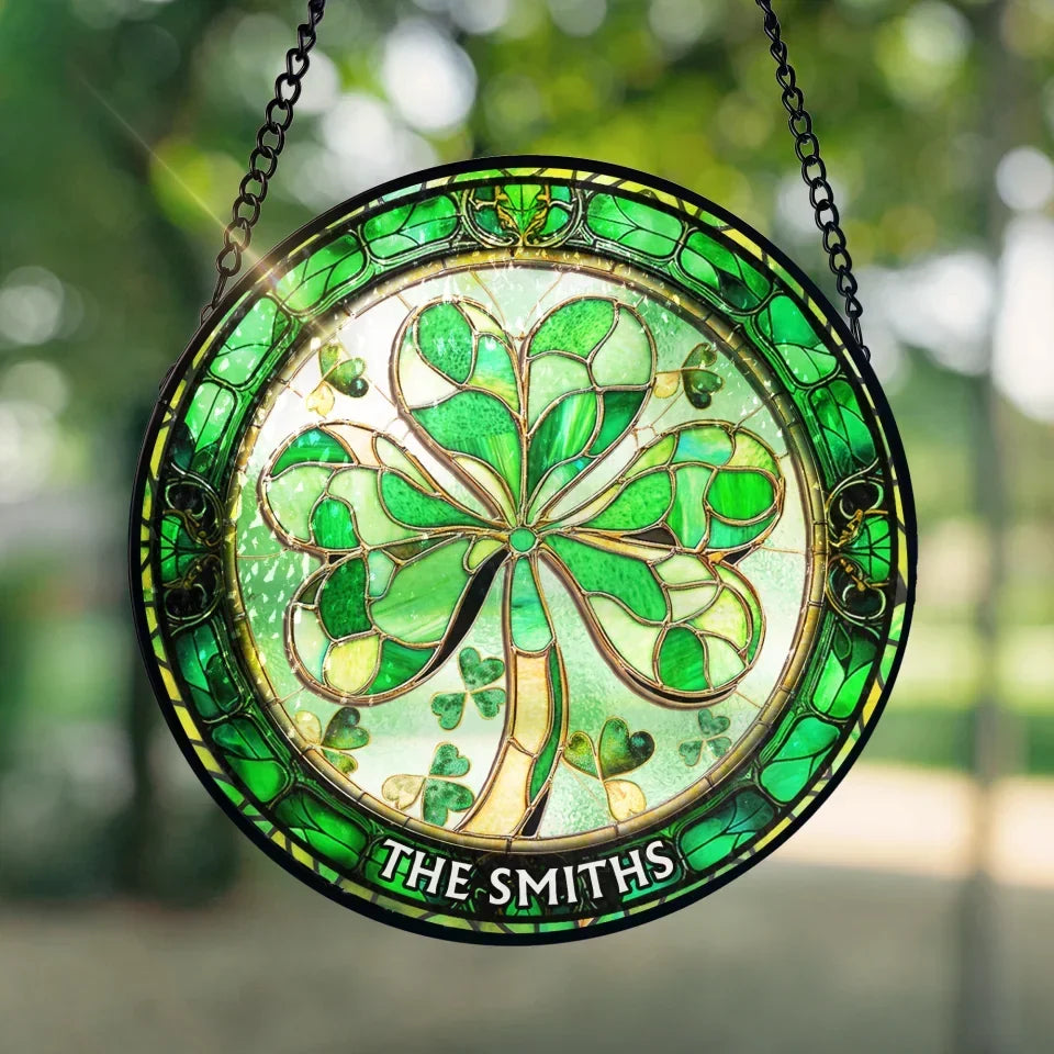 Shamrock Lucky Leaf St Patricks Day Personalized Window Hanging Suncatcher Saint Patricks Day Home Decor Family Gift
