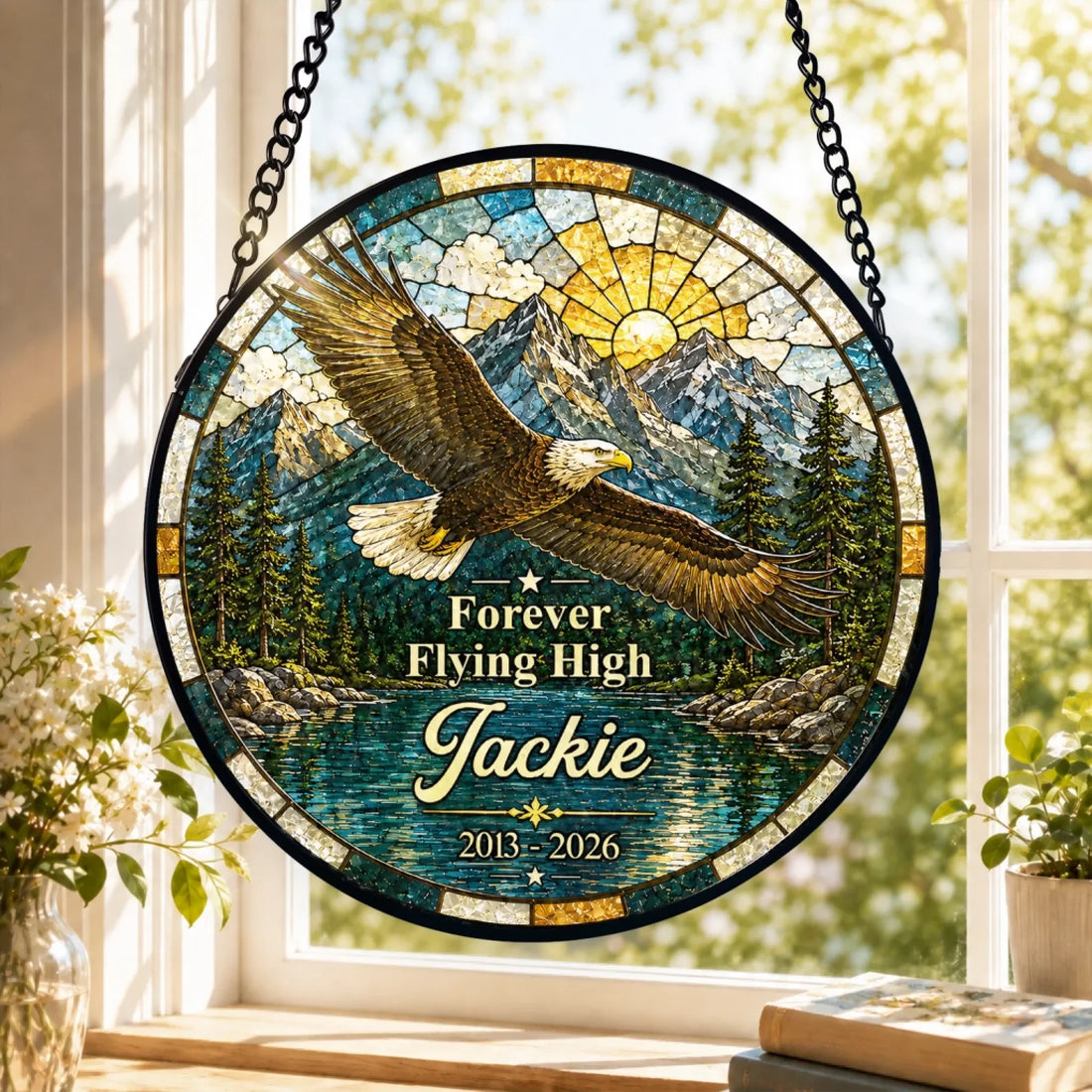 Forever Fly High Bald Eagle Personalized Window Stained Glass Memorial Gift For Loss Of Loved One