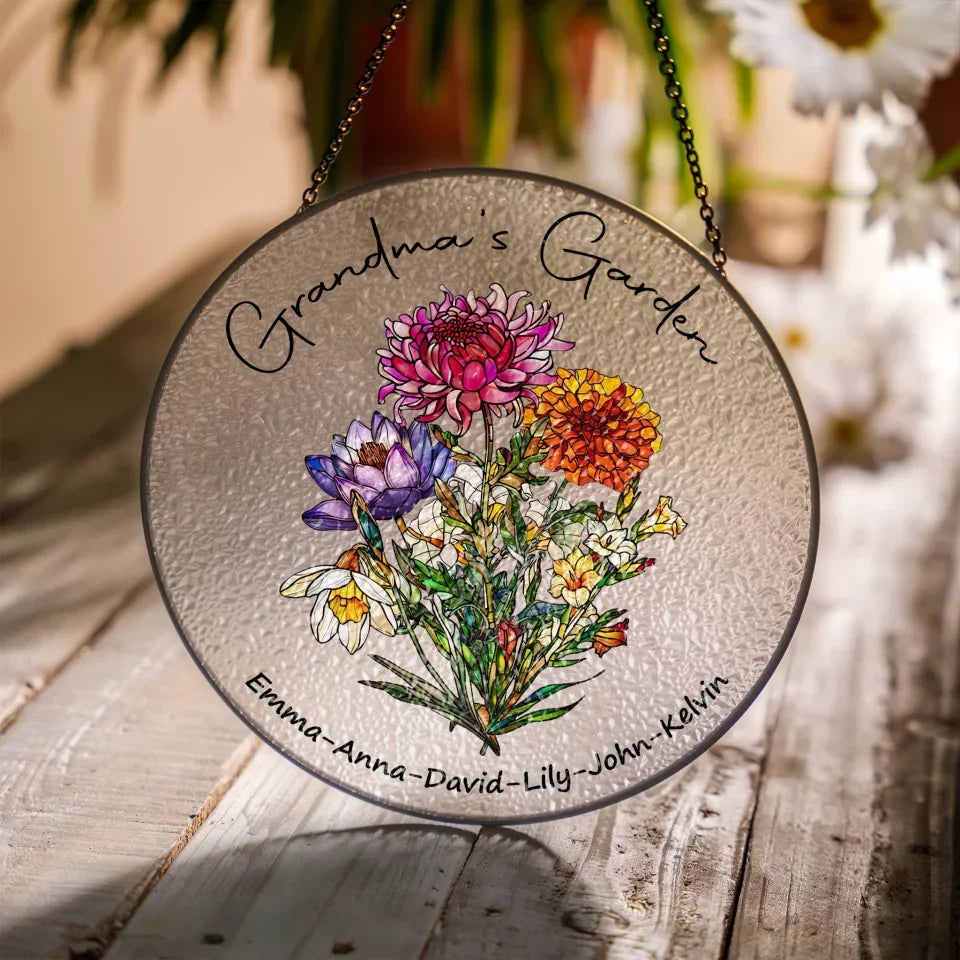 Grandmas Garden Birth Birth Month Flowers Personalized Window Stained Glass Suncatcher Garden Decor