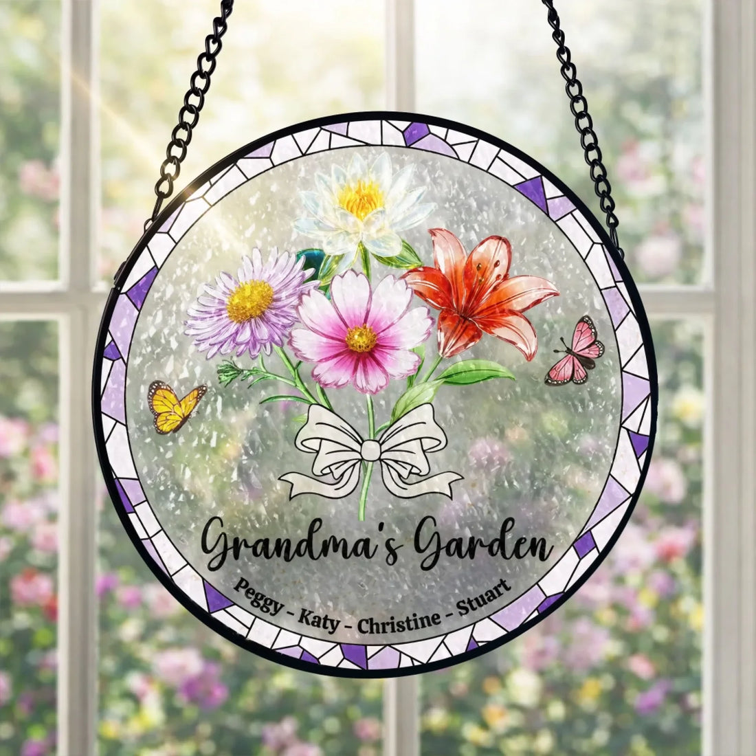 Where Grandmas Love Shines Through Every Flower Personalized Window Stained Glass Gift For Grandma Floral Gift For Mothers Day