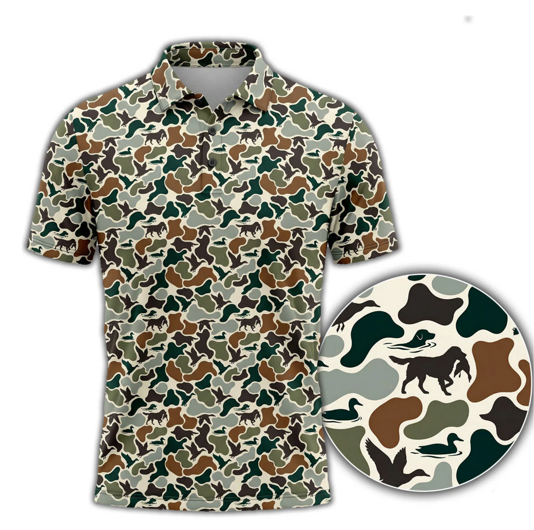 Duck Hunting Camo Polo Shirt for Men, Flying Duck Camouflage Print, Golf Polo Shirt, Gift for Duck Hunters & Waterfowl Lovers