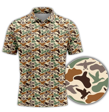 Duck Hunting Camo Polo Shirt for Men, Flying Duck Camouflage Print, Golf Polo Shirt, Gift for Duck Hunters & Waterfowl Lovers