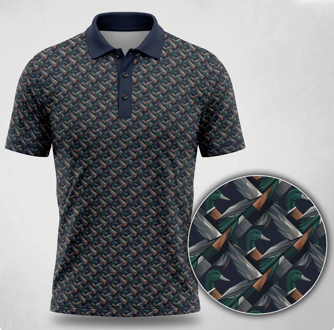 Duck Species Golf Polo Shirt for Men ¨C Geometric Waterfowl Print, Gift for Hunters & Golfers