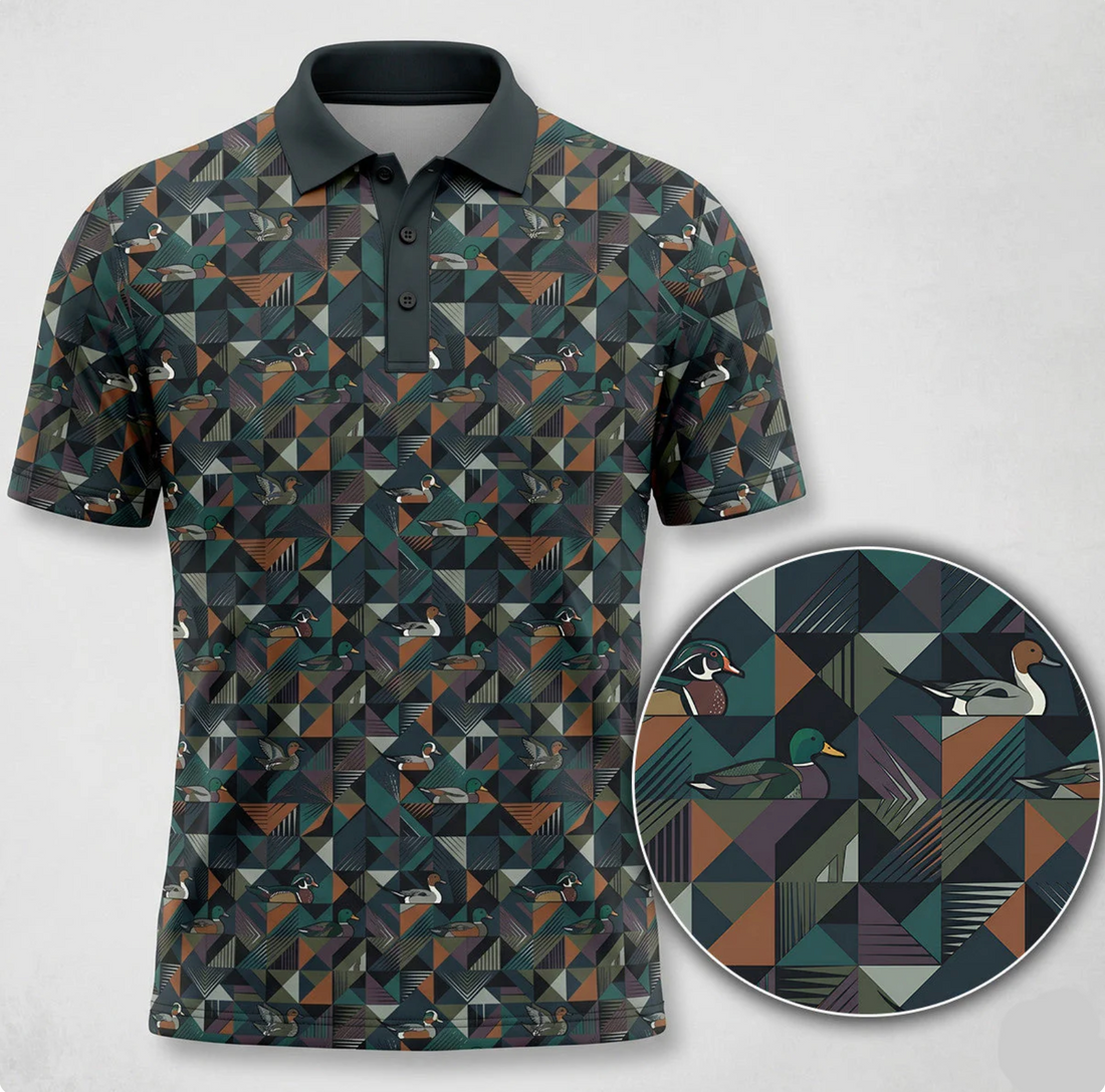 Flying Duck Golf Polo Shirt for Men ¨C Navy Waterfowl Print, Gift for Hunters & Golfers
