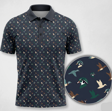 Flying Duck Golf Polo Shirt for Men ¨C Navy Waterfowl Print, Gift for Hunters & Golfers