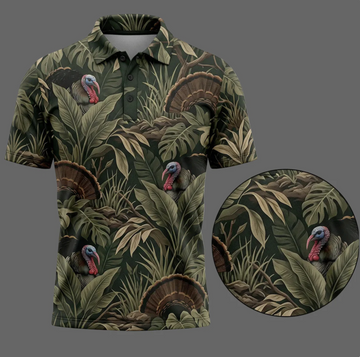 Wild Turkey Hunting Polo Shirt for Men ¨C Tropical Camo Print, Gift for Turkey Hunters