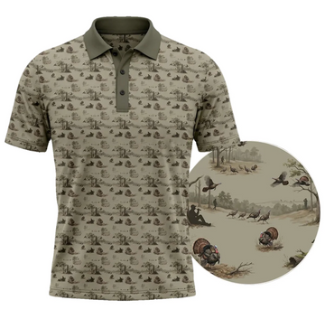 Vintage Turkey Hunting Polo Shirt for Men ¨C Toile Scene Print, Gift for Turkey Hunters