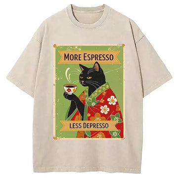 Personality fashion Cute Black Cat Drinking Coffee Washed T-Shirt