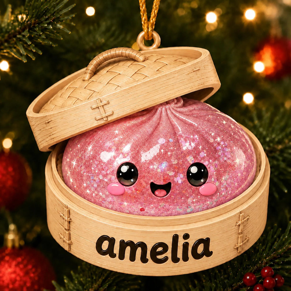 Personalized Glitter Dumpling Ornament, Acrylic Squishy Style Christmas Ornament, Custom Name Ornament, Kids Christmas Gift, Holiday Decor