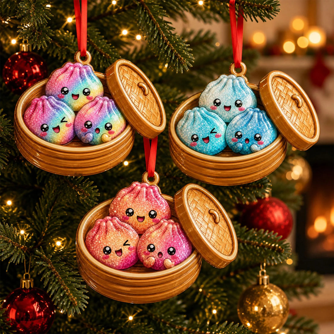 Glitter Dumpling 2D Ornament, Cute Kawaii Dim Sum Christmas Ornament, Steamed Bun Ornament, Food Lover Gift, Funny Dumpling Holiday Ornament