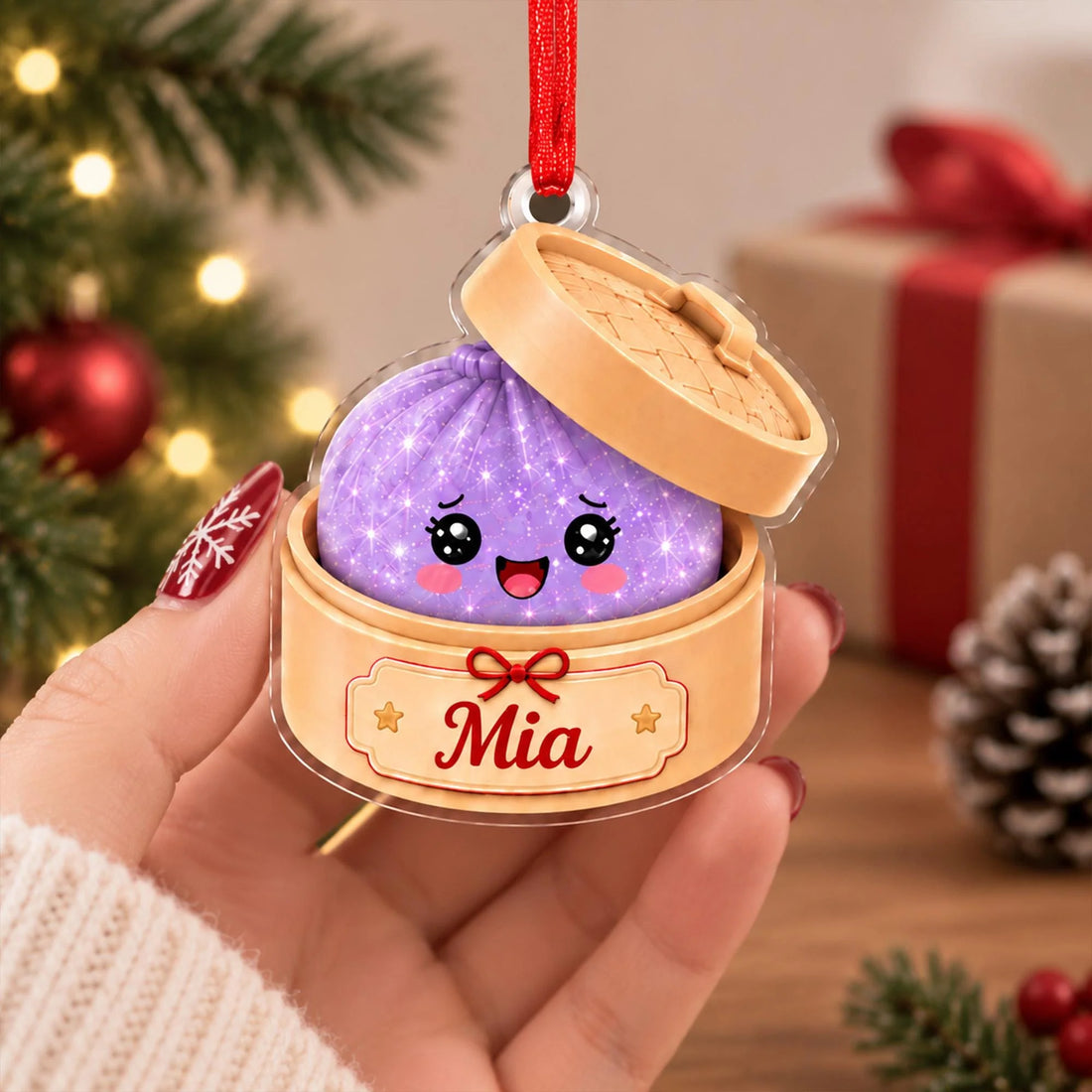 Personalized Squishy Dumpling Christmas Ornament, Faux Glitter Keepsake, Dumpling Lover Gift, Kids Christmas Gift, Foodie Decor