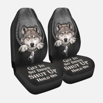 Get In Sit Down Shut Up Hold On, Wolf Car Seat Covers With Leather Pattern Print