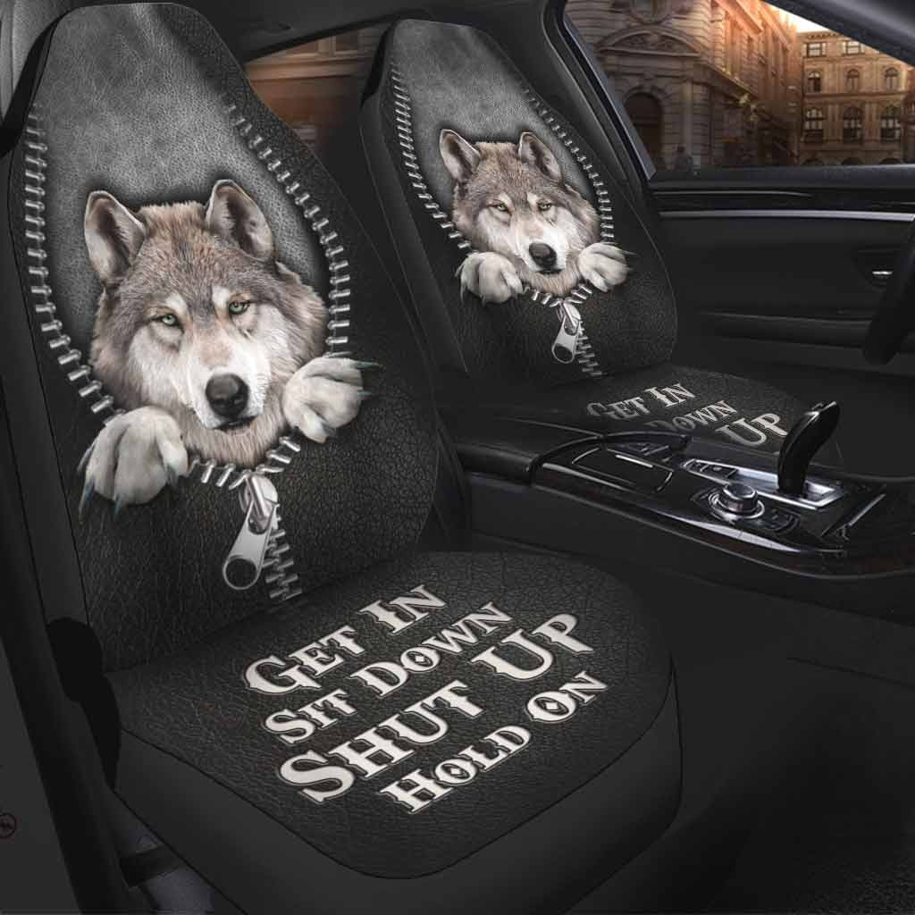 Get In Sit Down Shut Up Hold On, Wolf Car Seat Covers With Leather Pattern Print