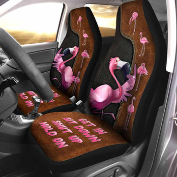 Front Car Seat Protector, Get In Sit Down Shut Up Hold On, Flamingo Seat Covers With Leather Pattern