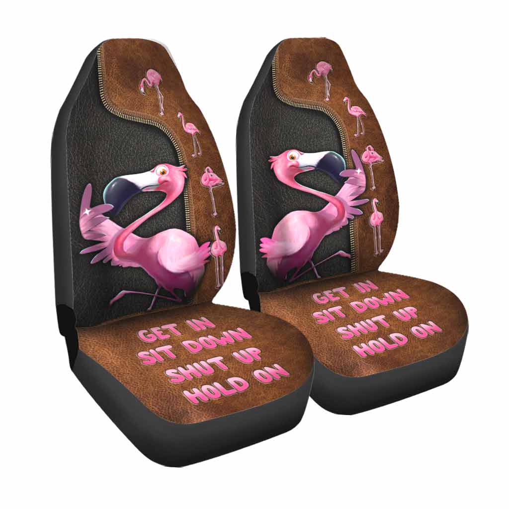 Front Car Seat Protector, Get In Sit Down Shut Up Hold On, Flamingo Seat Covers With Leather Pattern