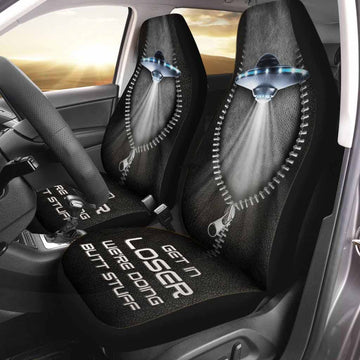 Front Car Seat Cover, Get In Loser, Alien Seat Covers With Leather Pattern