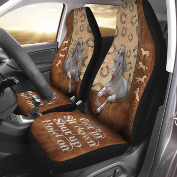 Cute Front Carseat Protector With Horse, Get In Sit Down, Horse Seat Covers With Leather Pattern