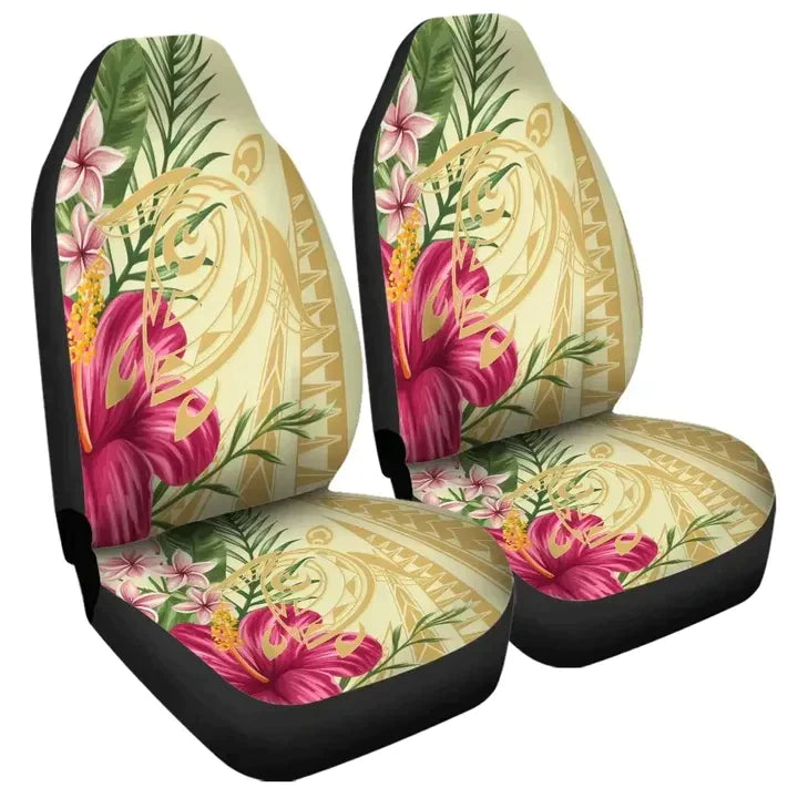 Hawaii Polynesian Turtle Tropical Hibiscus Plumeria Beige Printed Car Seat Covers