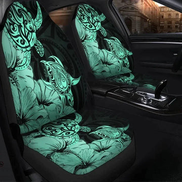 Hawaii Turtle Polynesian Hibiscus Art Turquoise In Black Printed Car Seat Covers