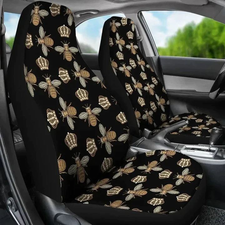 Bee Honey Black Background Printed Car Seat Covers