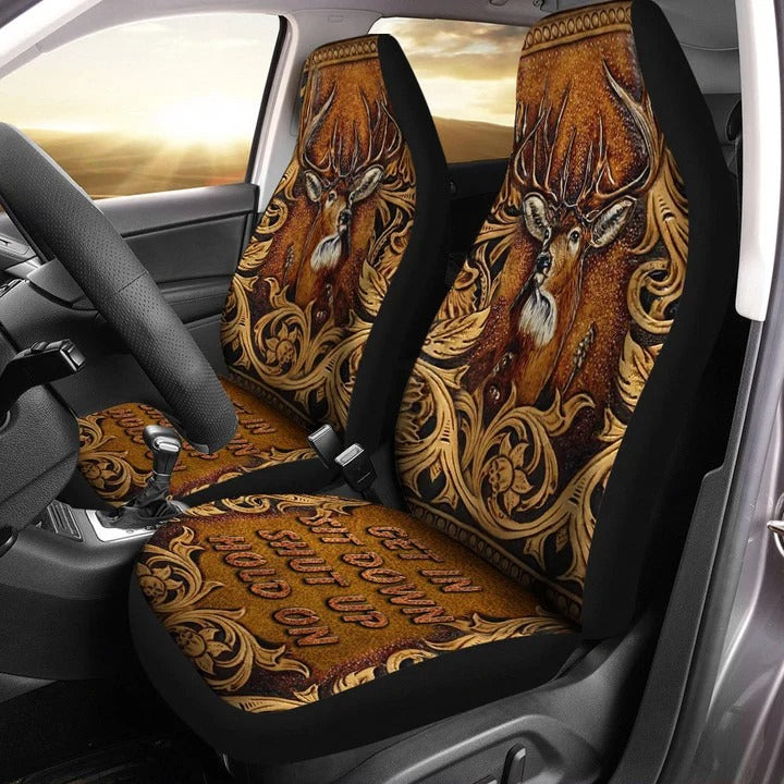 Deer Faux Tooled Leather Car Seat Cover Set, Best Seatcover For Auto