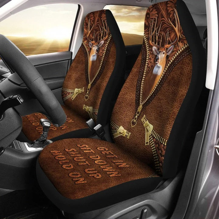 Deer Zipper Brown Leather Pattern Car Seat Cover