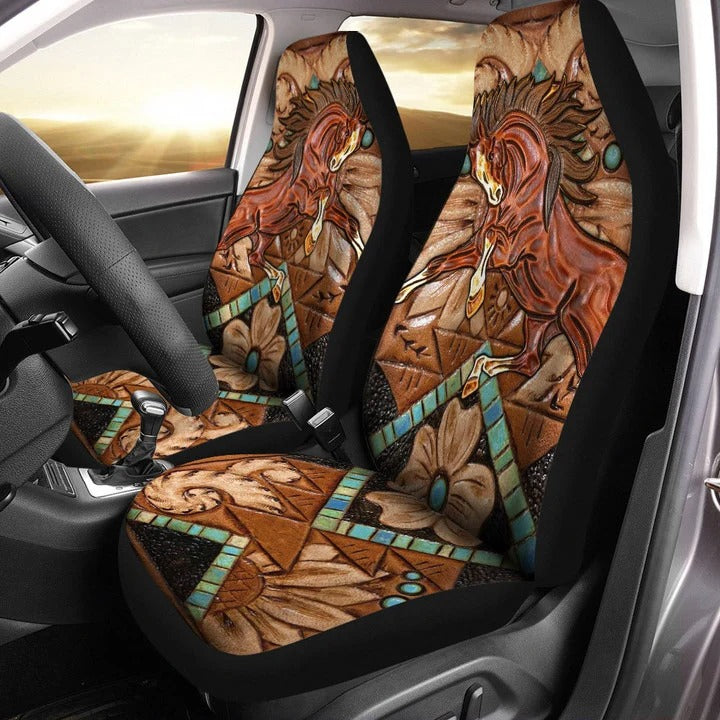 Faux Tooled Leather Brown Horse Car Seat Cover Set