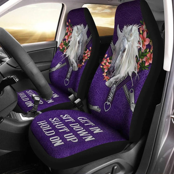 White Horse Flower Zip Purple Car Seat Cover, Get In Sit Down Auto Seat Cover For Women