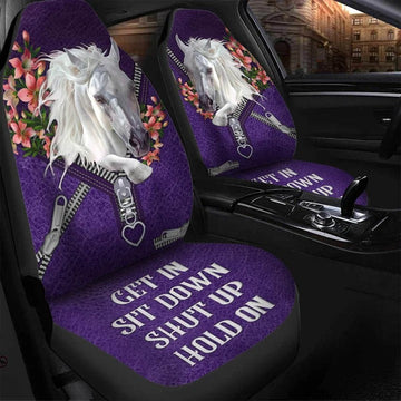 White Horse Flower Zip Purple Car Seat Cover, Get In Sit Down Auto Seat Cover For Women