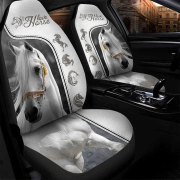 White Horse White Faux Leather Car Seat Cover Set, Horse Car Decor