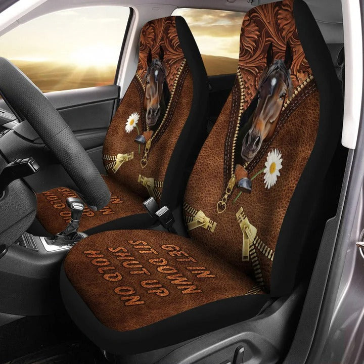 Horse Daisy Zip Car Seat Cover Leather Pattern, Get In Sit Down Carseat Cover