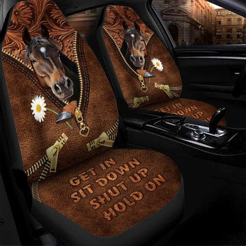 Horse Daisy Zip Car Seat Cover Leather Pattern, Get In Sit Down Carseat Cover