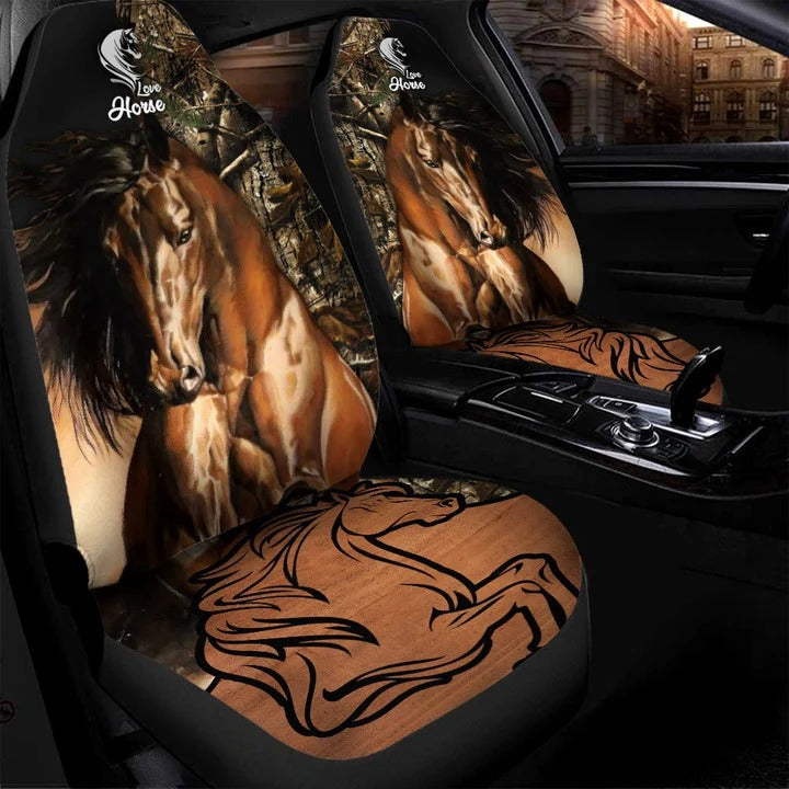 Love Horse Camo Car Seat Cover Set, 3D All Over Printed Horse Seat Cover For Auto