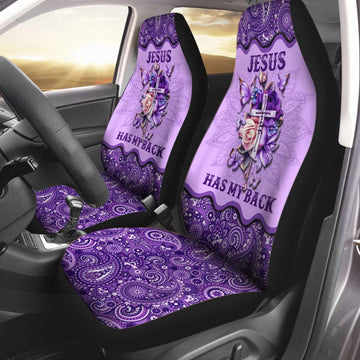 Purple Front Car Seat Cover, Women Car Seat Cover, Jesus Has My Back Christian Seat Covers