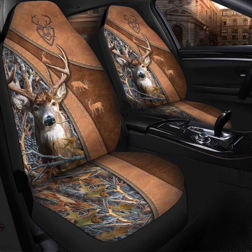 Deer Hunting Car Seat Cover, Front Car Seat Covers With Leather Pattern Print