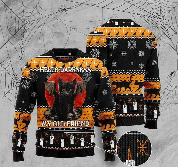Halloween Black Cat Hello Darkness My Old Friend Ugly Christmas Sweater
