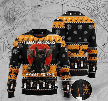Halloween Black Cat Hello Darkness My Old Friend Ugly Christmas Sweater