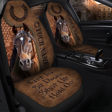 Personalized Name Horse Leather Hold on Car Seat Covers Universal Fit - Set 2