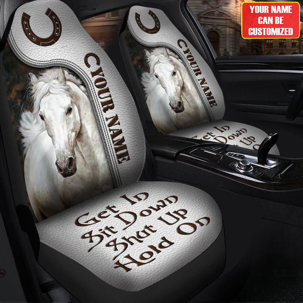 Personalized Name - Get in Sit down Shut up Hold on AK35 - Horse Car Seat Covers With Leather Pattern Print Universal Fit Set 2