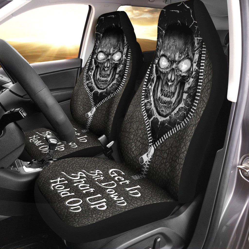 Skull Hold on Black Silver Version Car Seat Covers Universal Fit Set 2