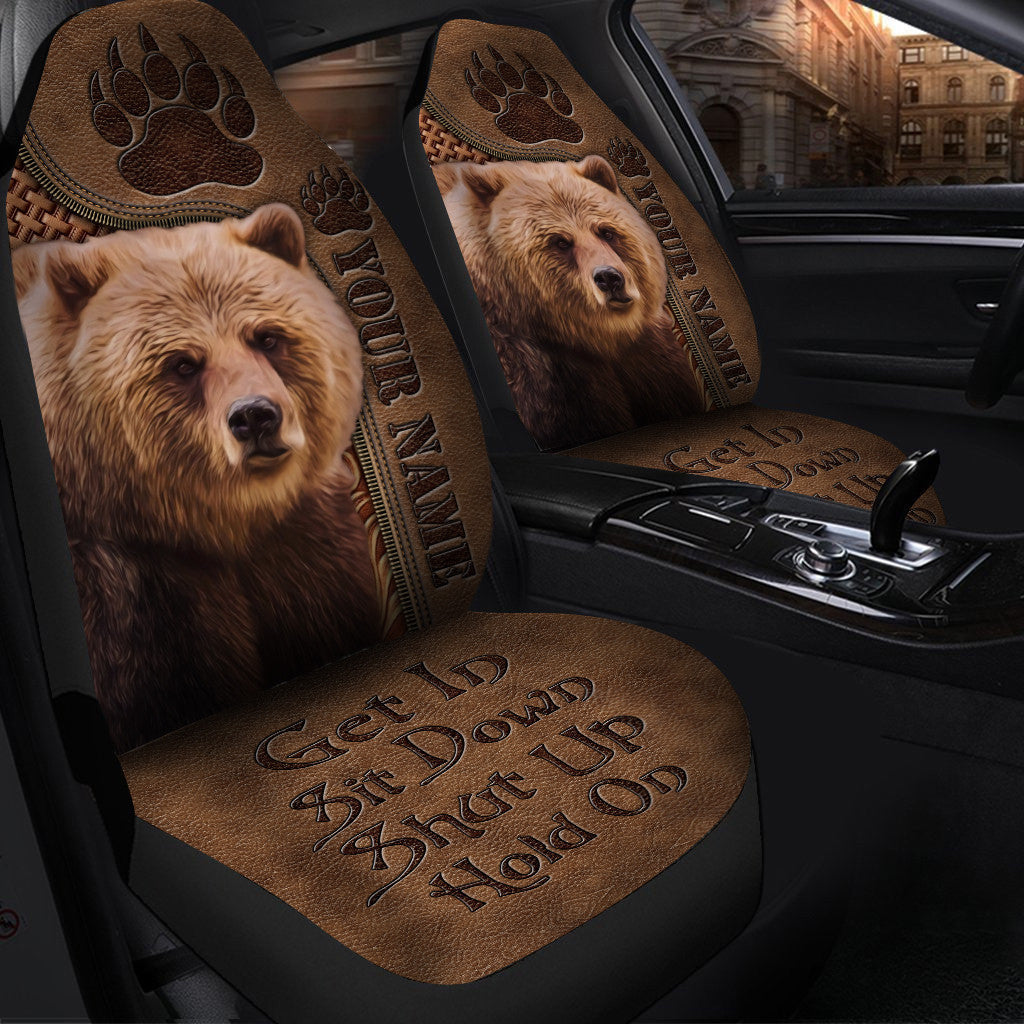 Personalized Name Brown Bear Leather Hold on Funny Car Seat Covers Universal Fit Set 2