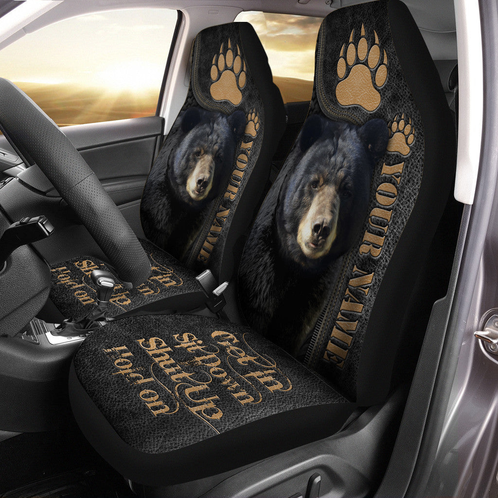 Personalized Name Black Bear Leather Pattern Hold on Funny Car Seat Covers Universal Fit Set 2