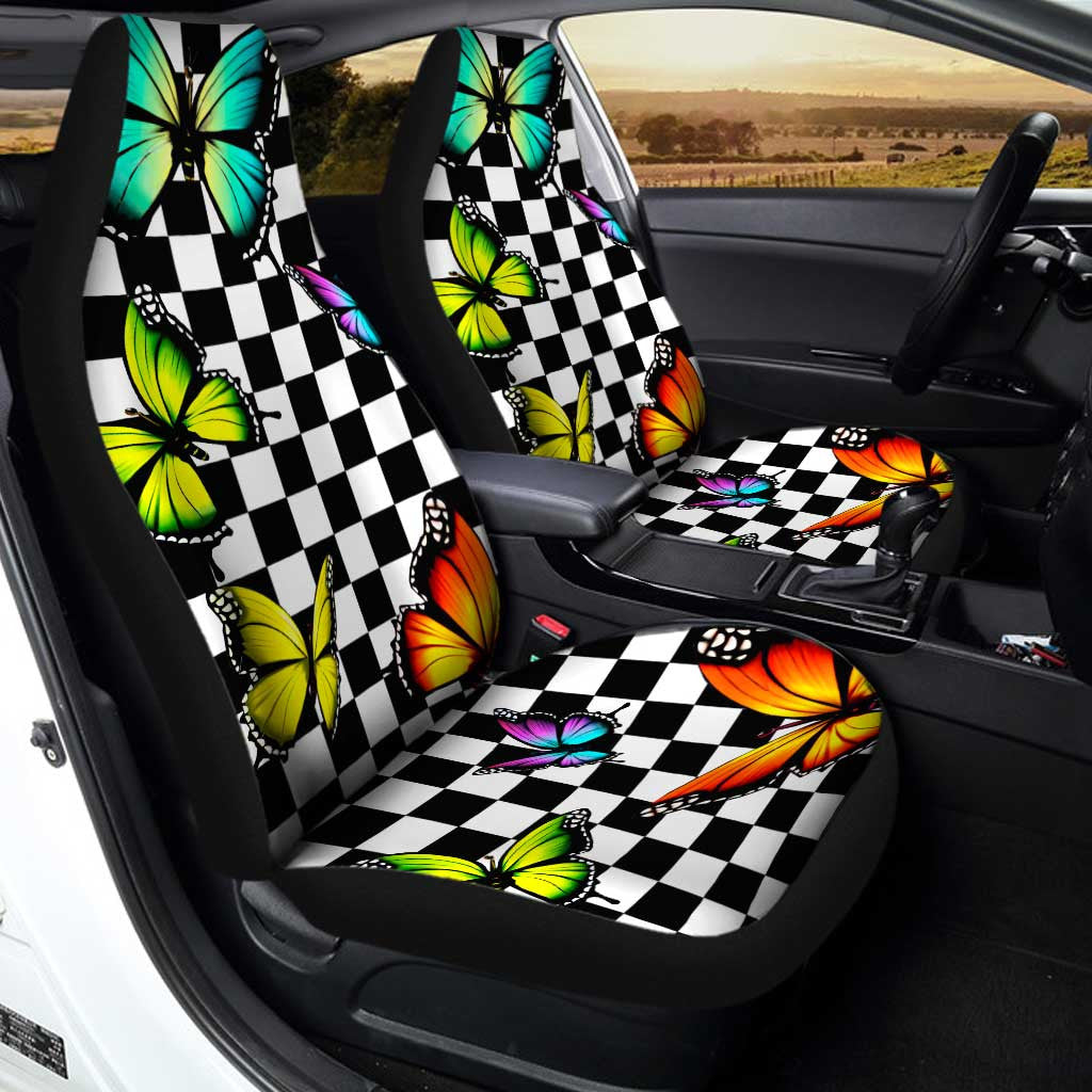 Checkerboard Butterfly Car Seat Covers Custom Colorful Car Accessories